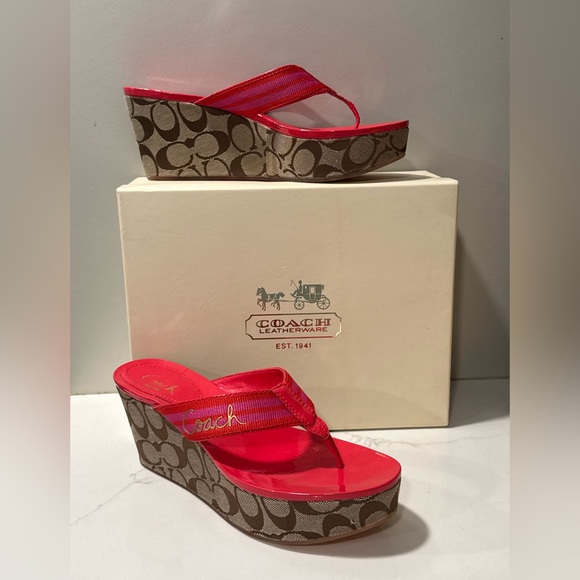 Coach - Gabriela Wedge Red and Brown Sandals - Picture 1 of 15